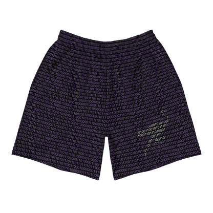 Front view of black and purple nostr athletic shorts.