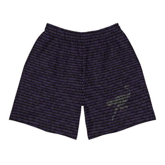 Front view of black and purple nostr athletic shorts.