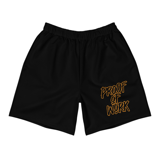 Front view of black bitcoin athletic shorts.