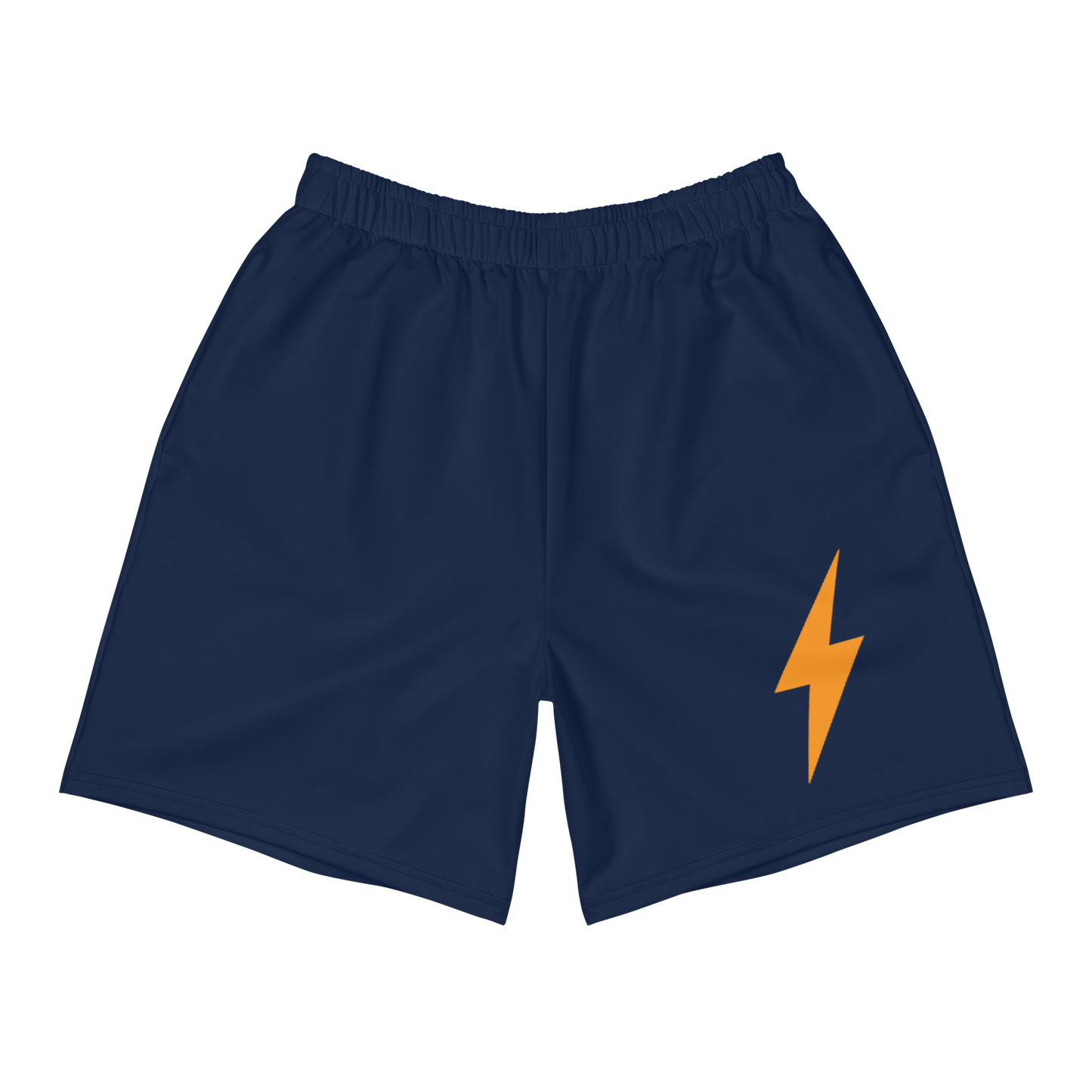 Front view of navy blue bitcoin athletic shorts.