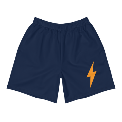 Front view of navy blue bitcoin athletic shorts.