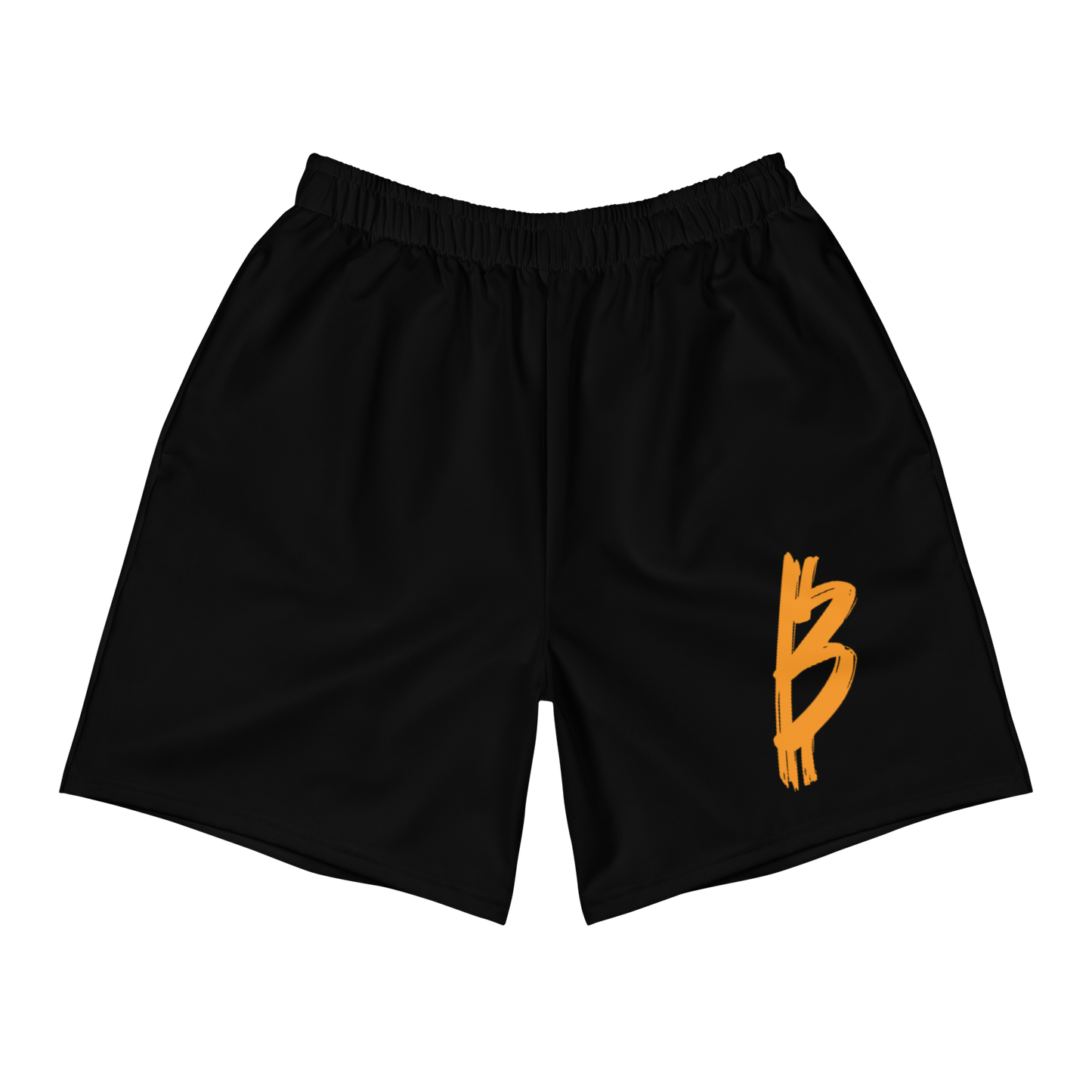 Front view of black bitcoin athletic shorts.