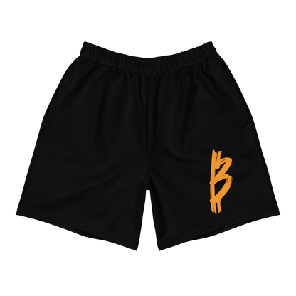 Front view of black bitcoin athletic shorts.