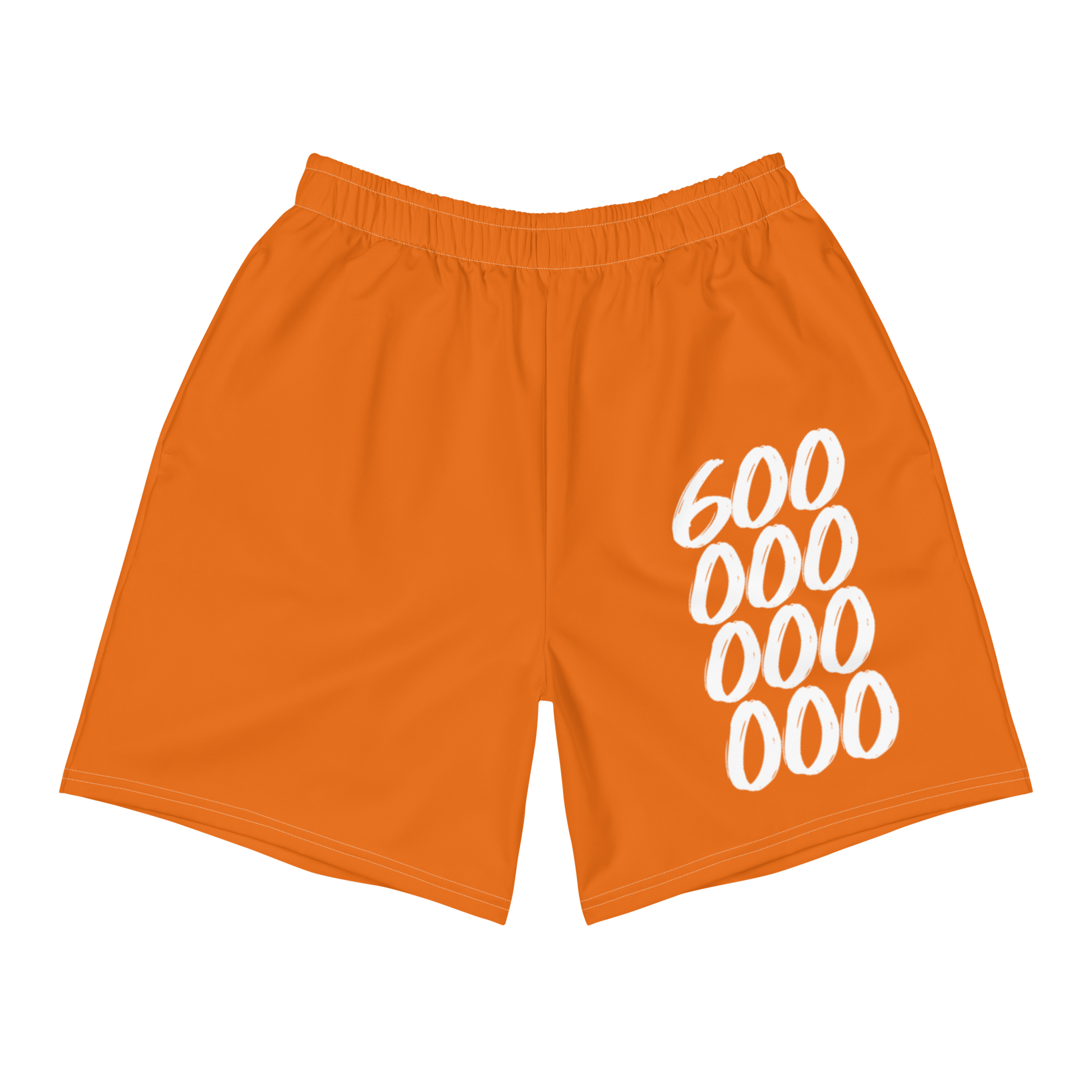 Front view of orange bitcoin athletic shorts.