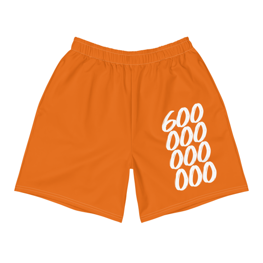 Front view of orange bitcoin athletic shorts.