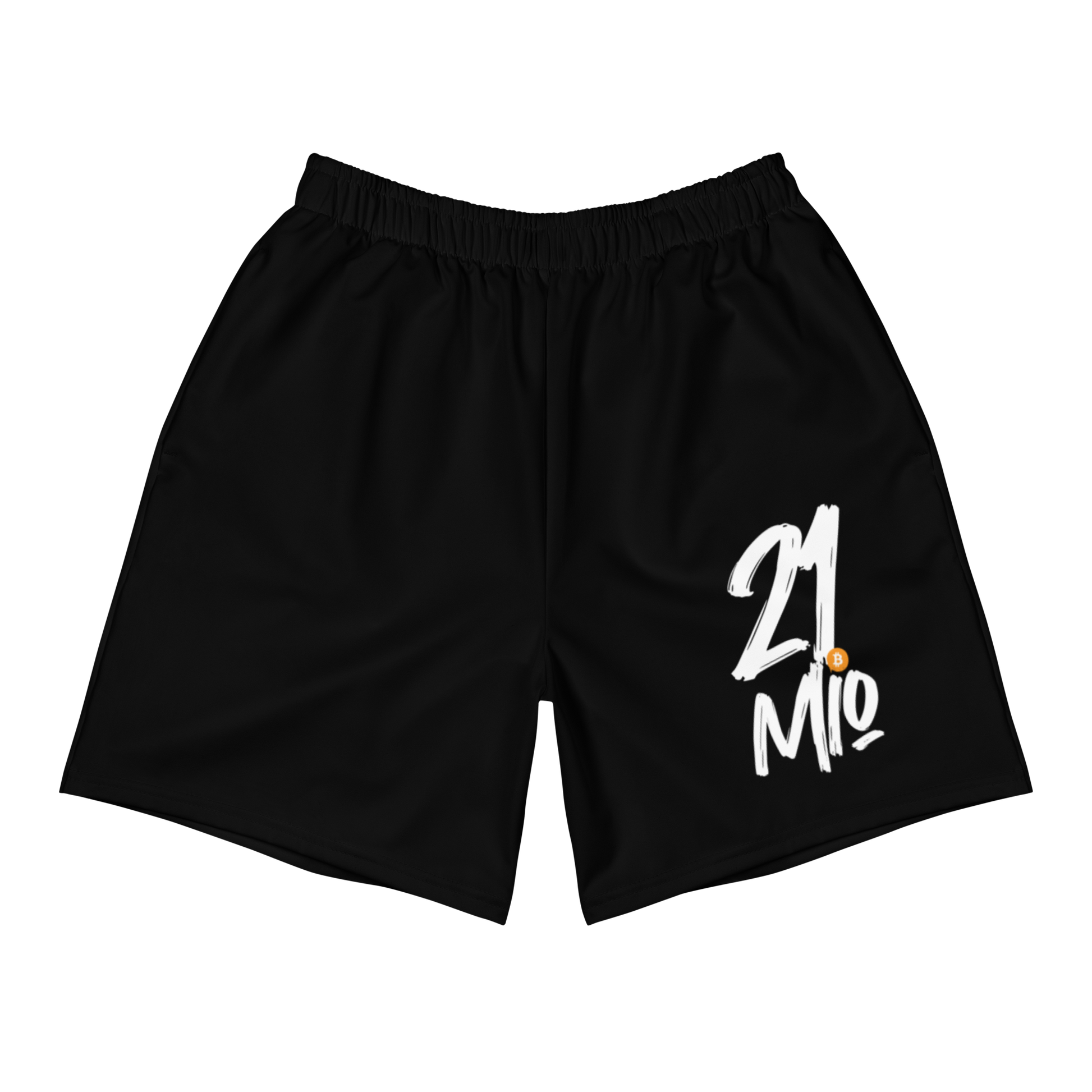 Front view of black bitcoin athletic shorts.