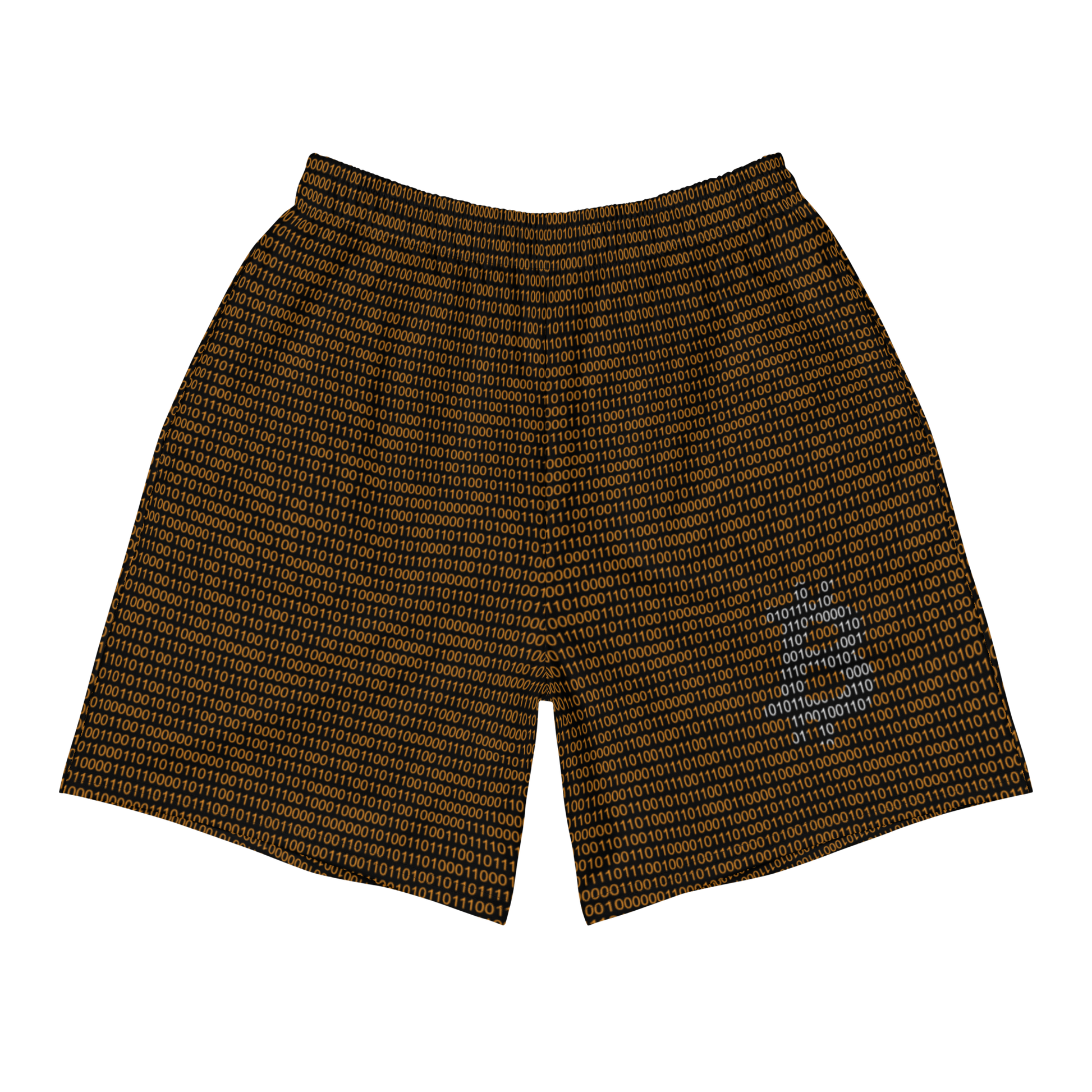 Front view of black and orange bitcoin athletic shorts.