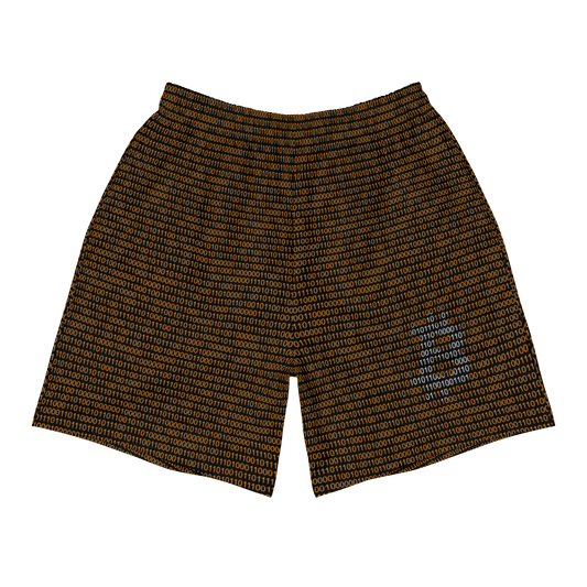 Front view of black and orange bitcoin athletic shorts.