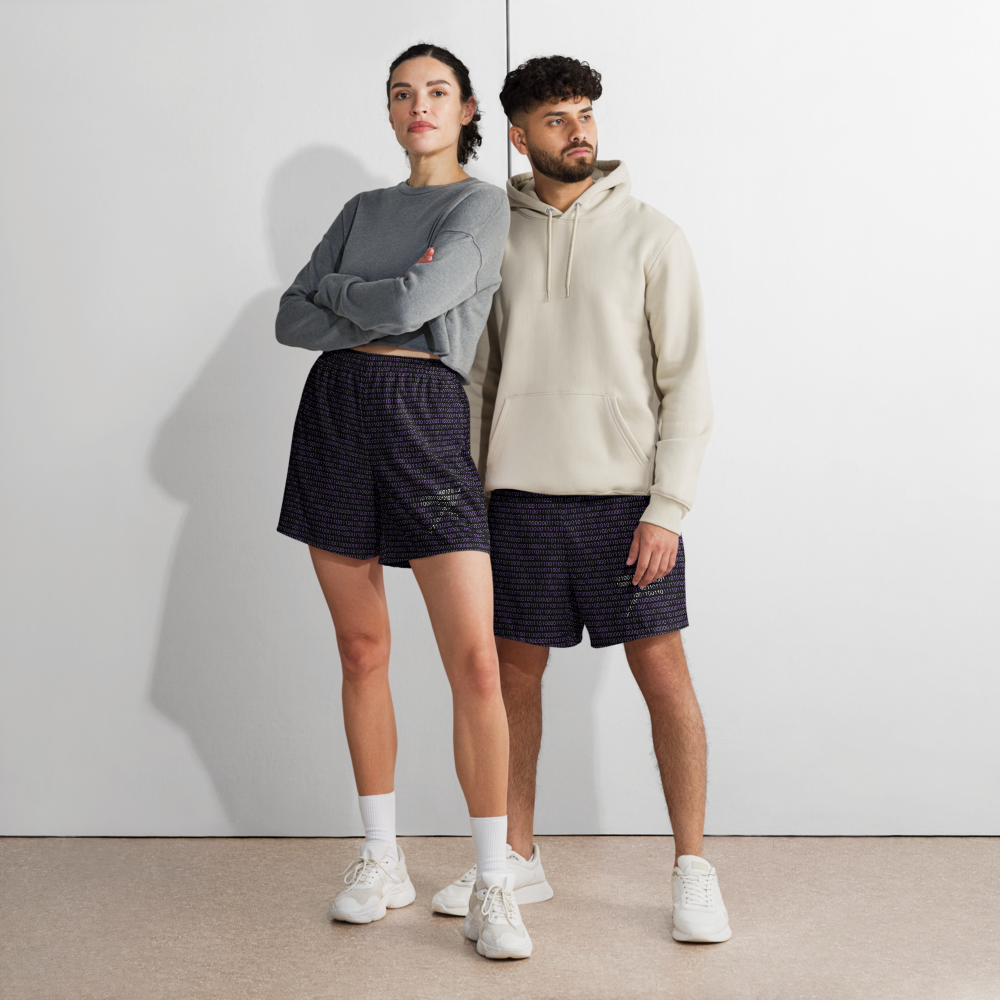 Front view of a man and a woman wearing black and purple nostr athletic shorts.