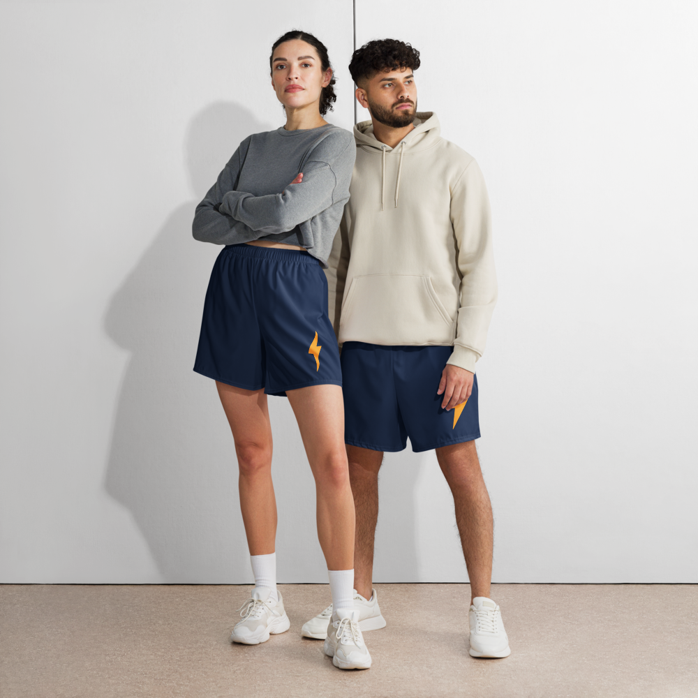 Front view of a man and a woman wearing navy blue bitcoin athletic shorts.