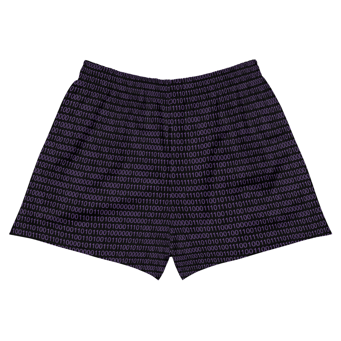 Back view of black and purple nostr athletic shorts.