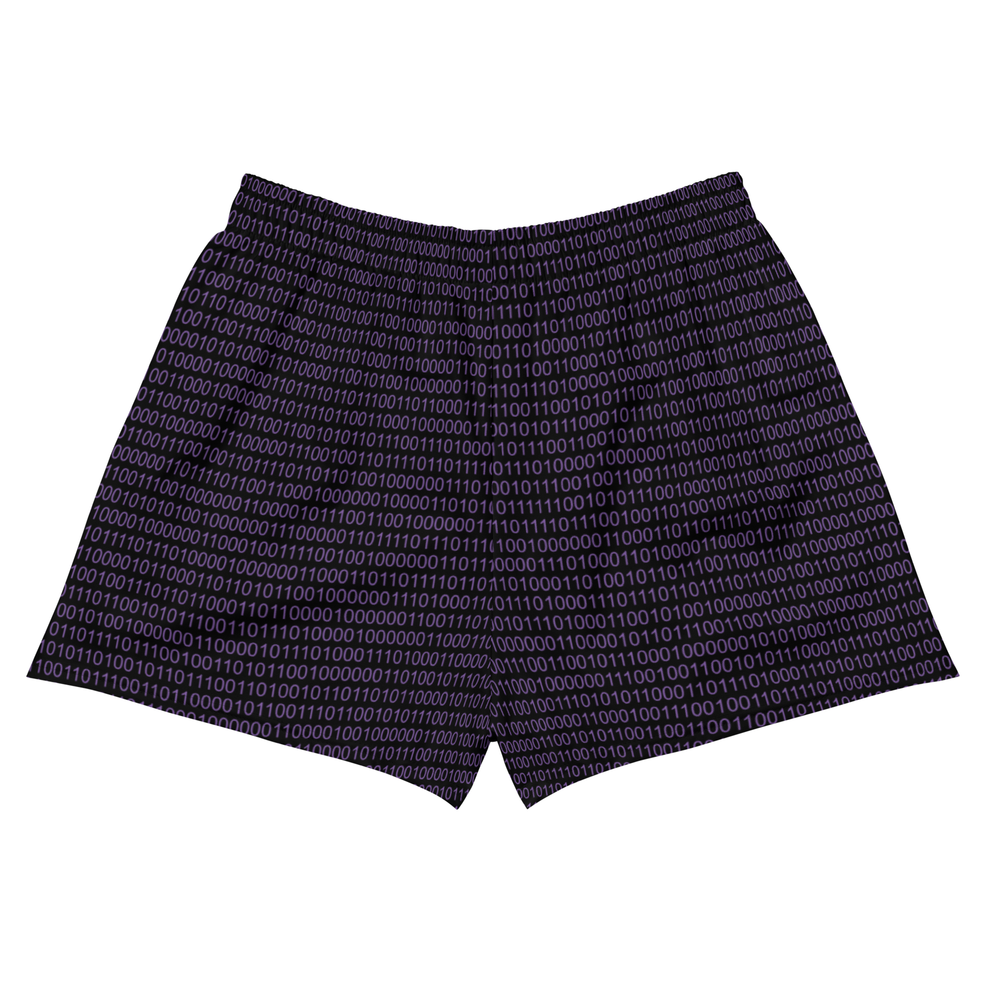 Back view of black and purple nostr athletic shorts.