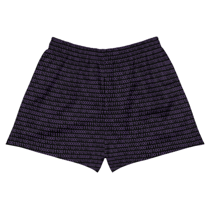 Back view of black and purple nostr athletic shorts.