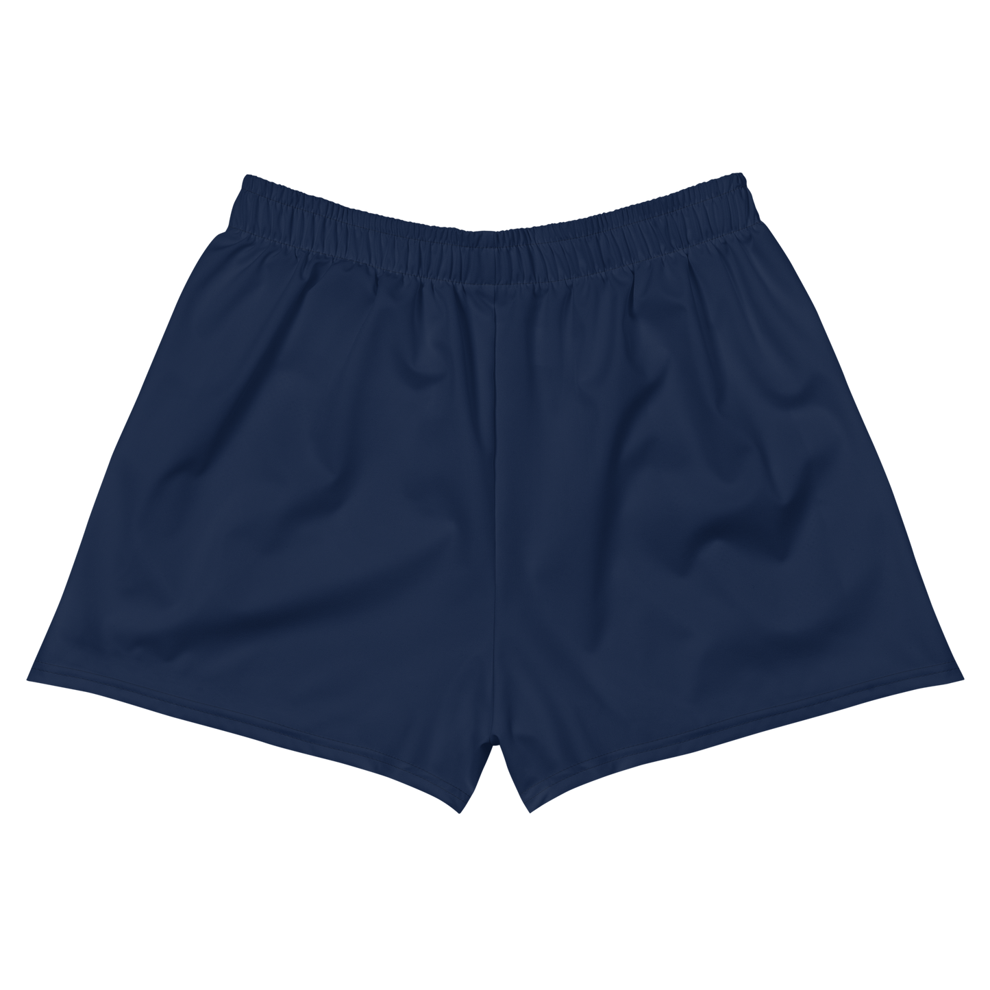 Back view of navy blue bitcoin athletic shorts.