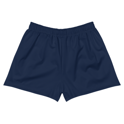 Back view of navy blue bitcoin athletic shorts.