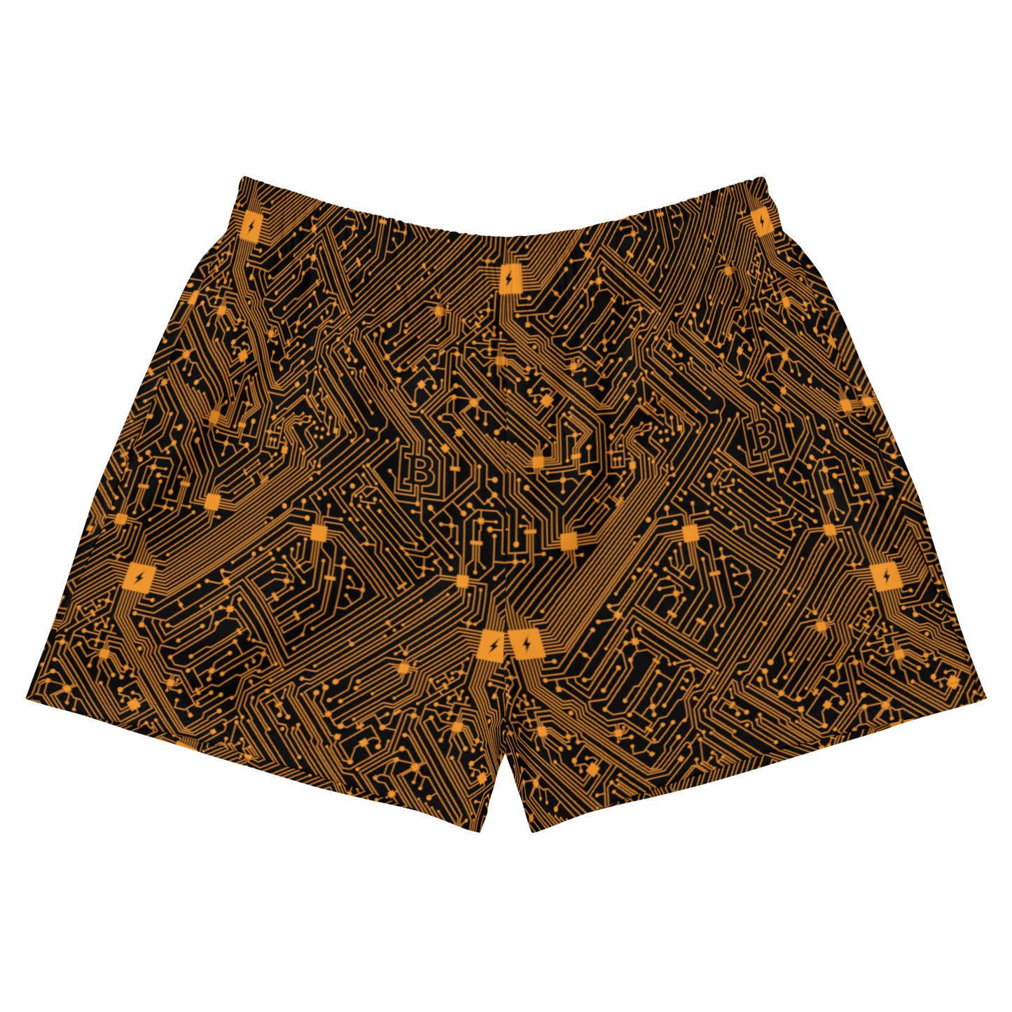 Front view of black and orange bitcoin athletic shorts.