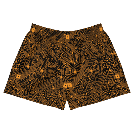 Front view of black and orange bitcoin athletic shorts.