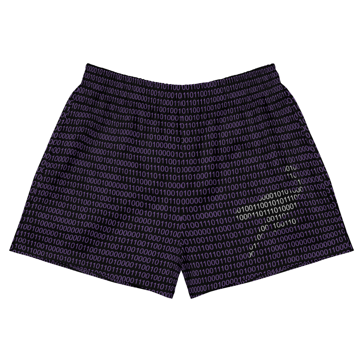 Front view of black and purple nostr athletic shorts.