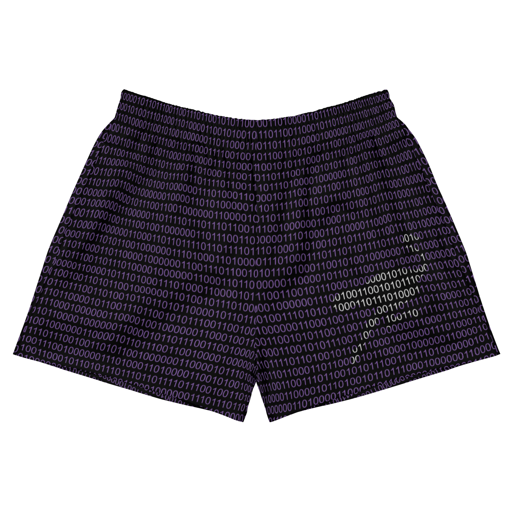 Front view of black and purple nostr athletic shorts.