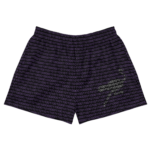 Front view of black and purple nostr athletic shorts.