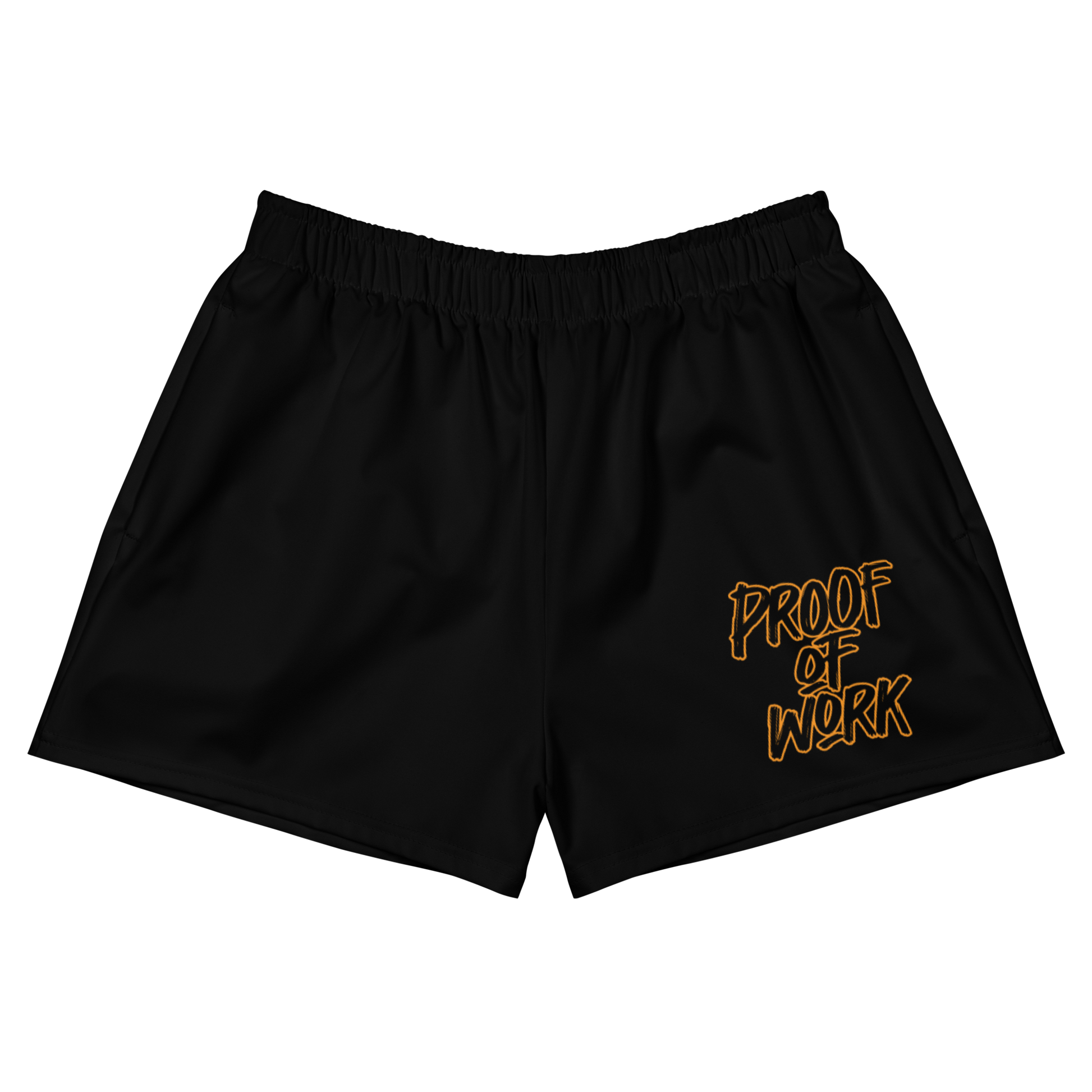 Front view of black bitcoin athletic shorts.