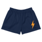 Front view of navy blue bitcoin athletic shorts.