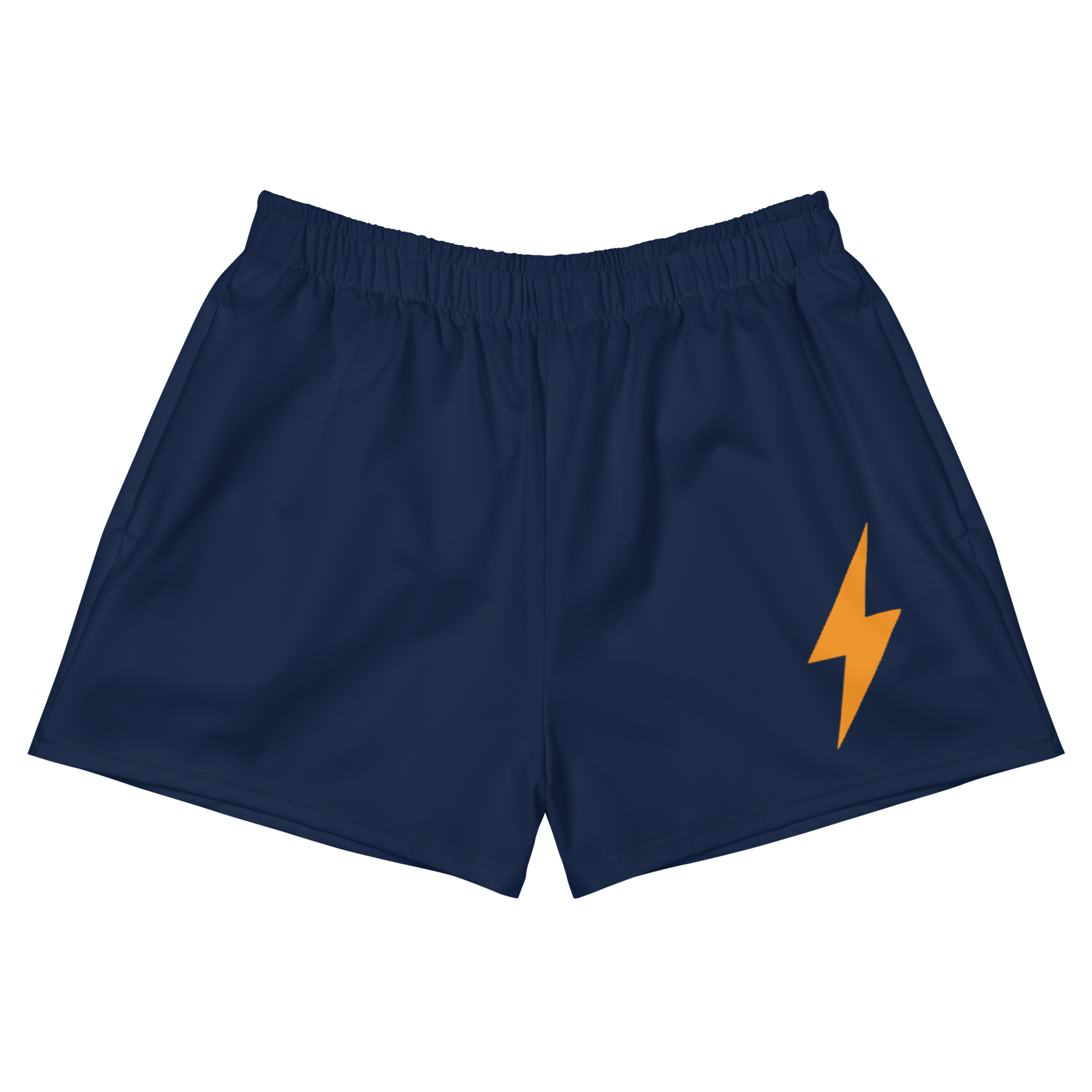 Front view of navy blue bitcoin athletic shorts.