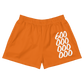 Front view of orange bitcoin athletic shorts.