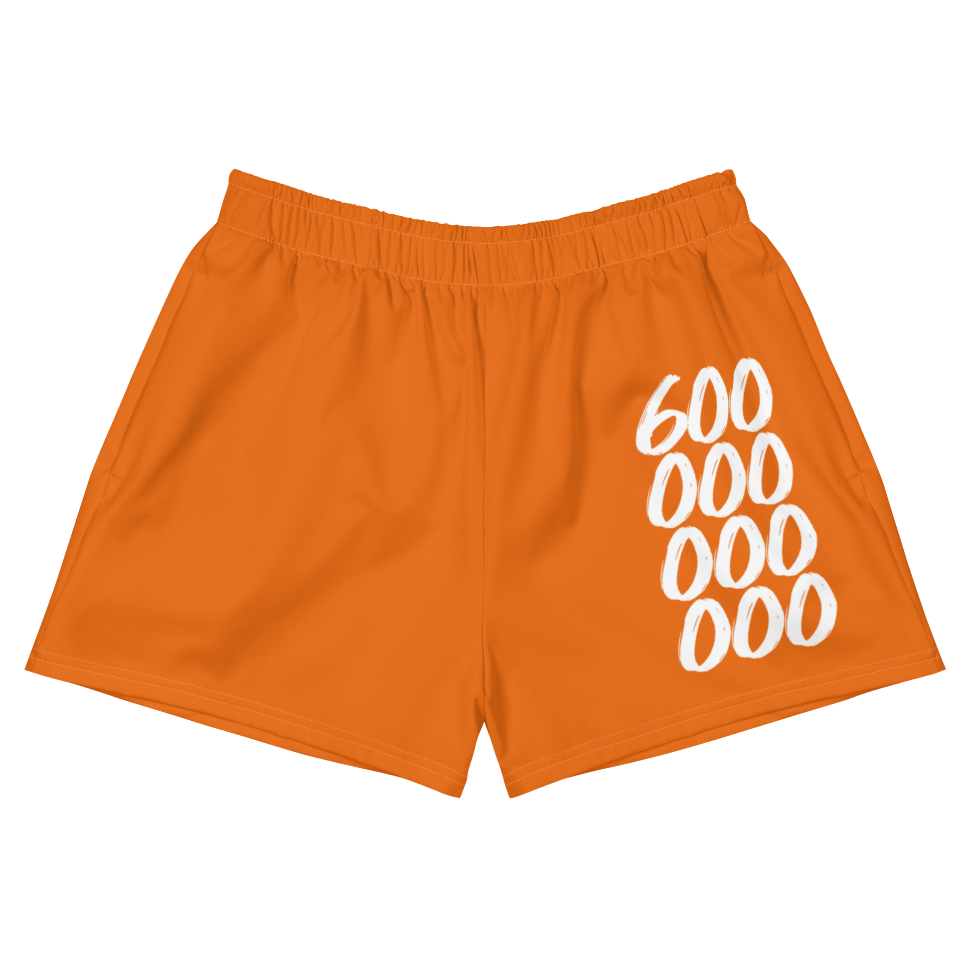 Front view of orange bitcoin athletic shorts.