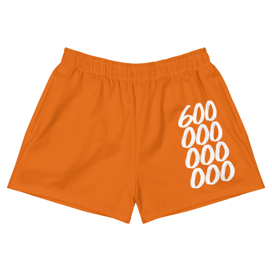 Front view of orange bitcoin athletic shorts.