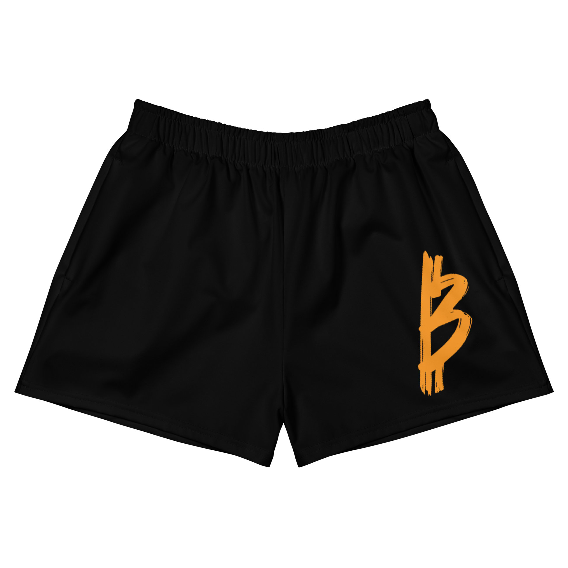 Front view of black bitcoin athletic shorts.