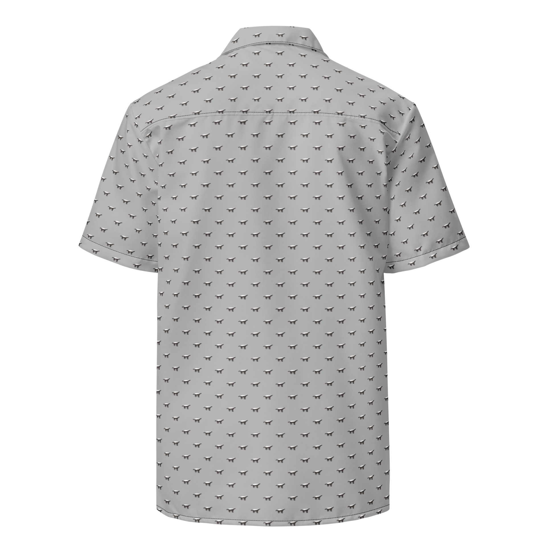 Back view of a silver bitcoin button shirt.