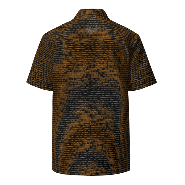 Certified Bitcoin Button Shirt with binary design, technology-inspired style