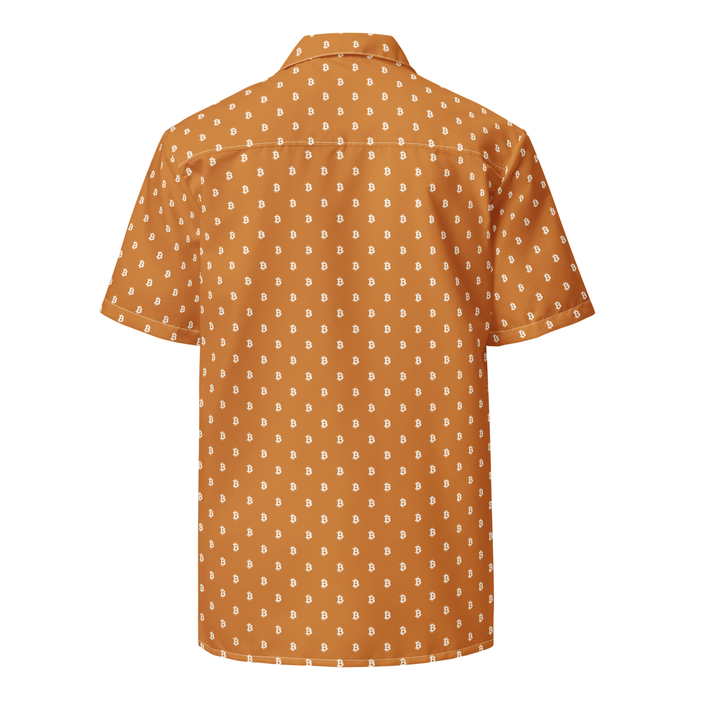 Back view of an orange bitcoin button shirt.