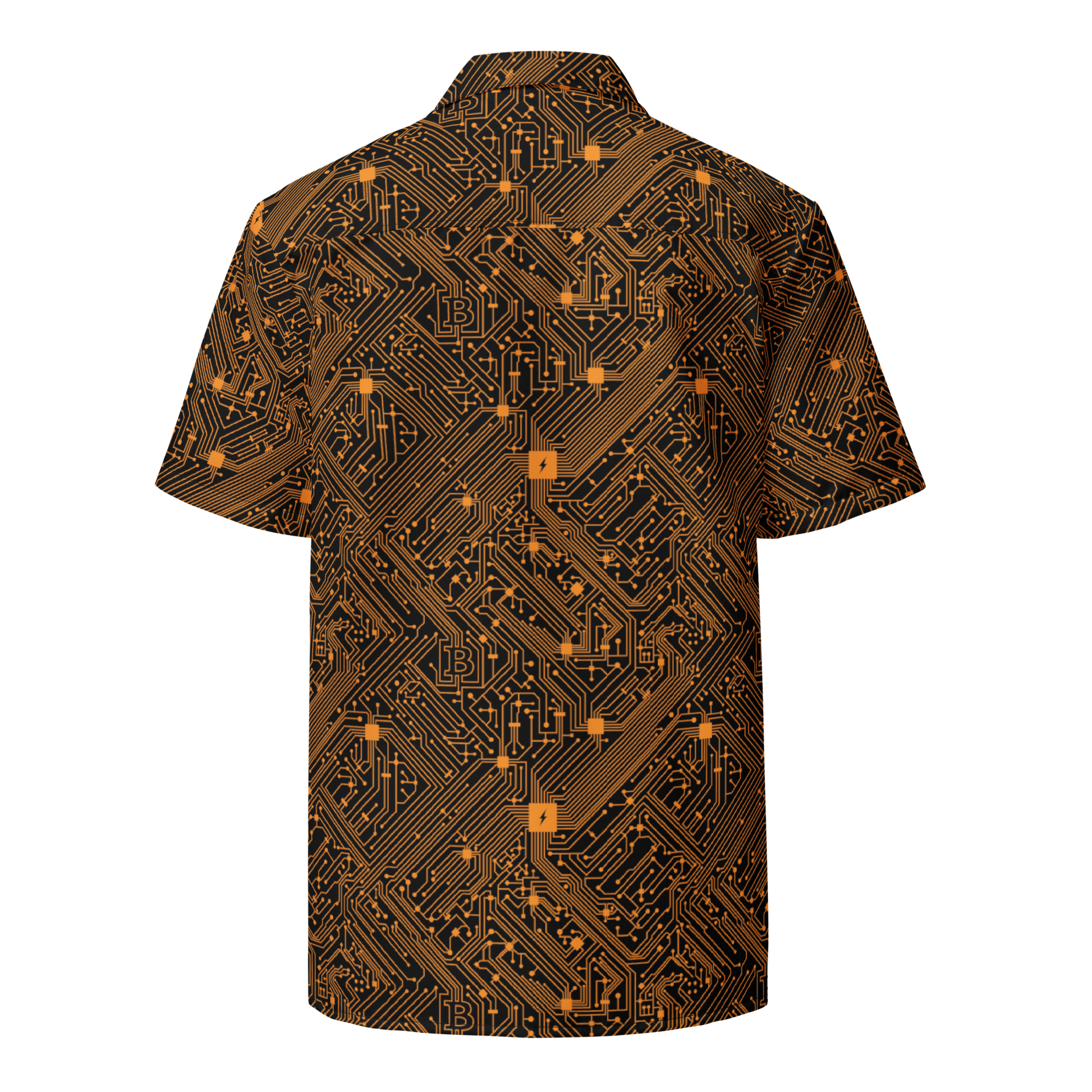 Back view of a black bitcoin button shirt.