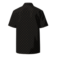 Back view of a black bitcoin button shirt.