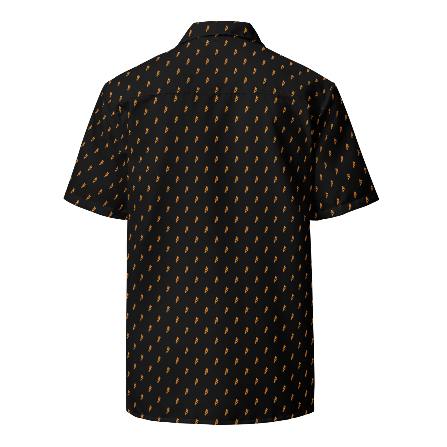 Back view of a black bitcoin button shirt.