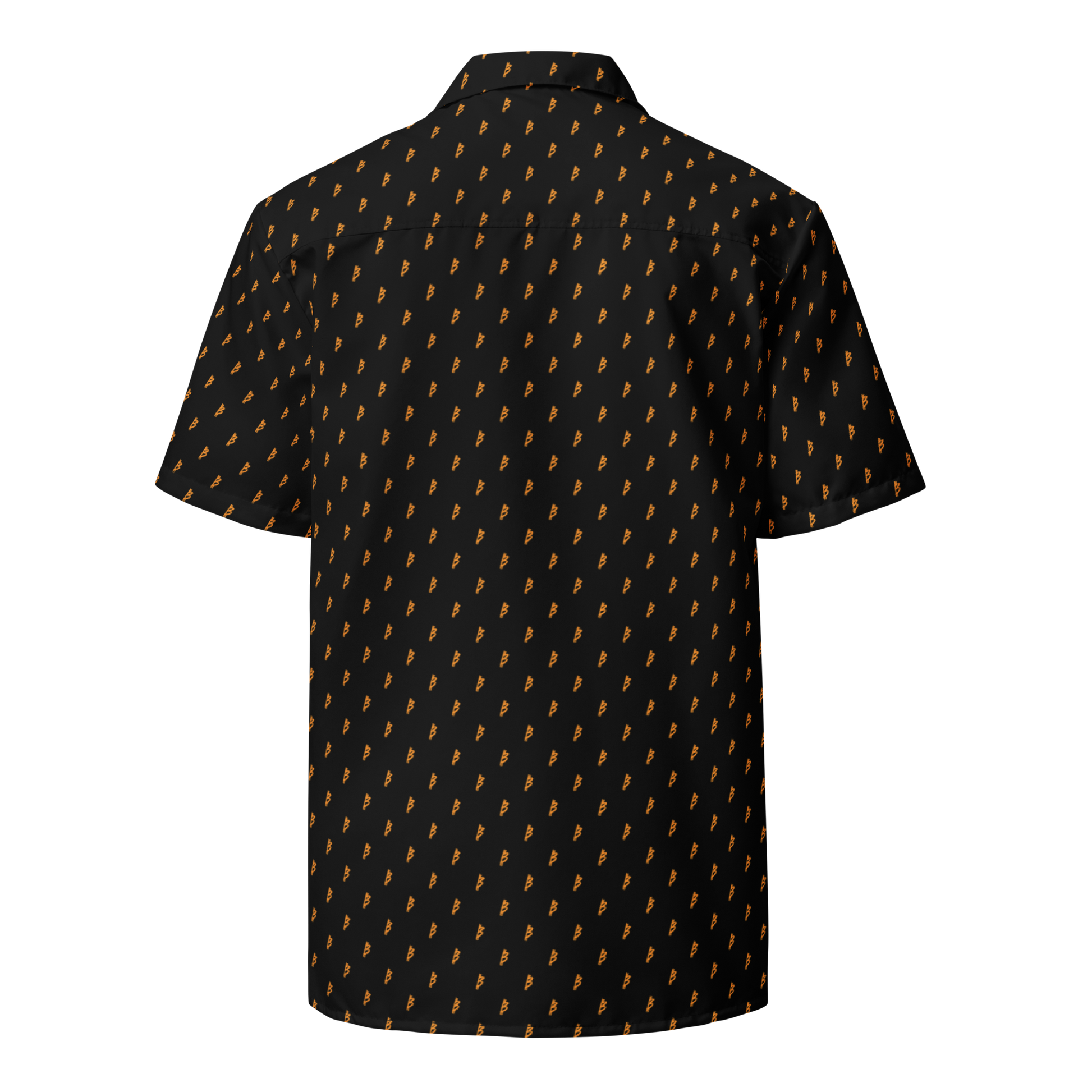 Back view of a black bitcoin button shirt.