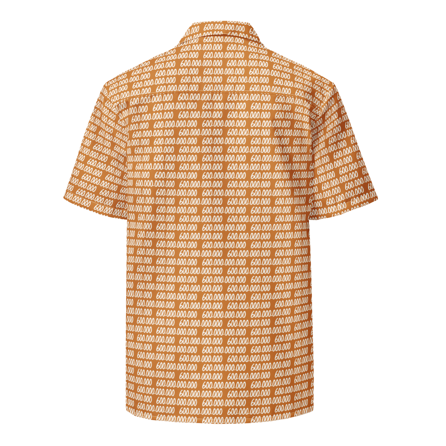 Back view of an orange bitcoin button shirt.