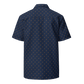 Back view of a navy blue bitcoin button shirt.