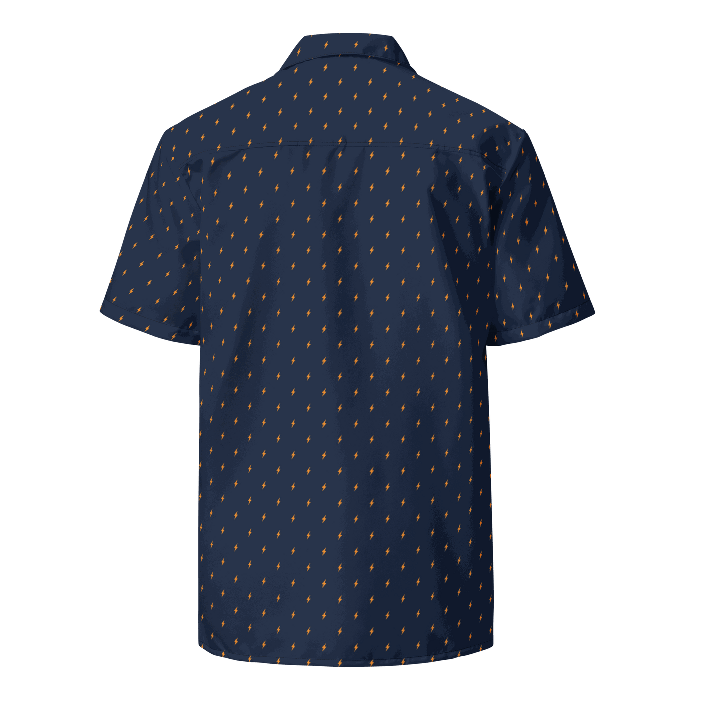 Back view of a navy blue bitcoin button shirt.
