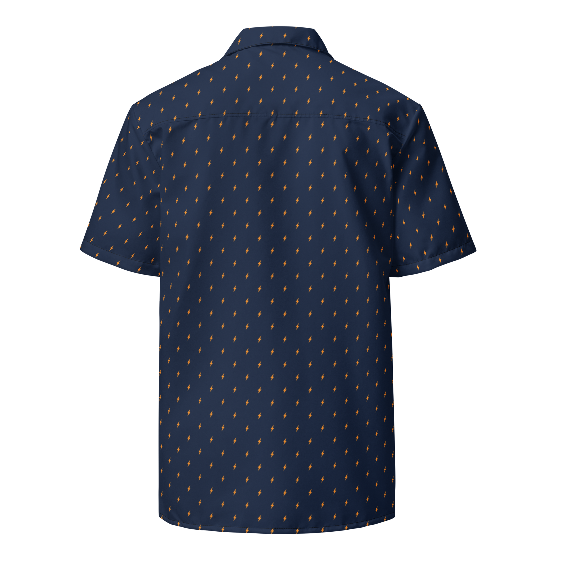 Back view of a navy blue bitcoin button shirt.