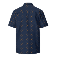 Back view of a navy blue bitcoin button shirt.