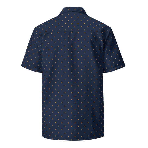 Back view of a navy blue bitcoin button shirt.