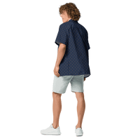 Back view of a man wearing a navy blue bitcoin button shirt.