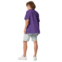 Certification logos for OEKO-TEX and GRS on purple Nostr Button Shirt product page