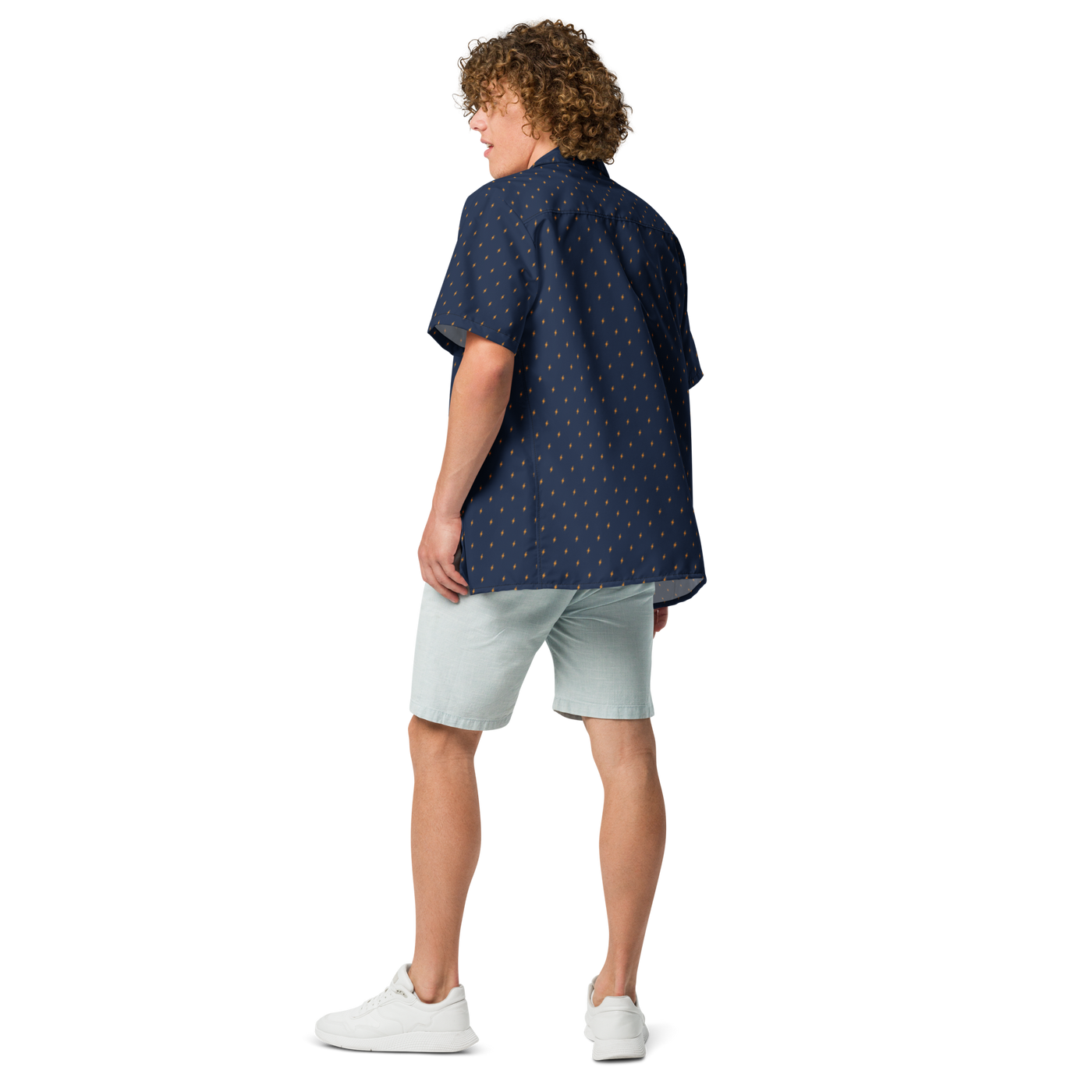Lightning bitcoin button shirt, back view.