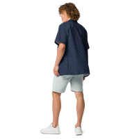 Lightning bitcoin button shirt, back view.
