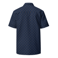 Lightning bitcoin button shirt, back view.