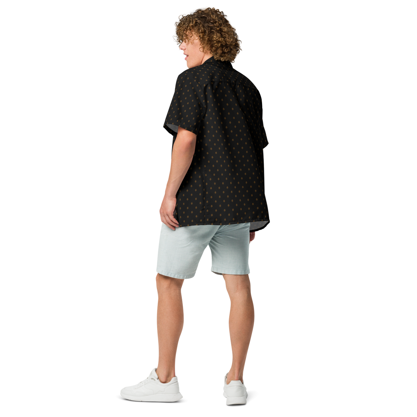 Sats Symbol bitcoin button shirt, back view.